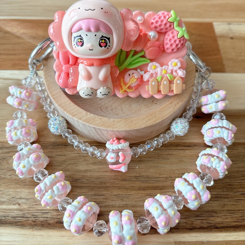Handmade Kawaii double chain Beans Deco Phone Back Clip with flip mirror